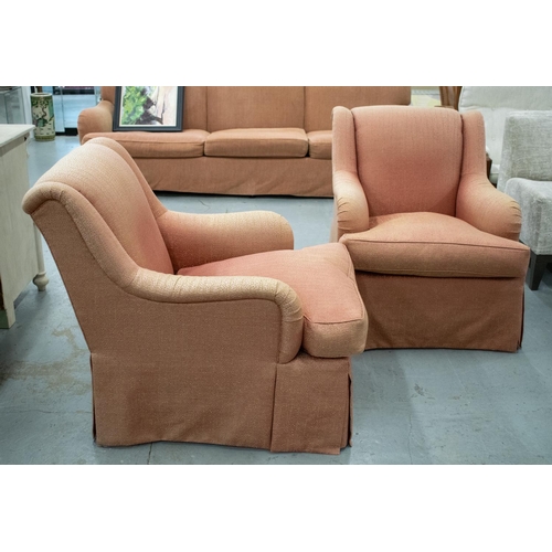 493 - ARMCHAIRS, a pair, salmon pink patterned upholstery, 84cm H x 72cm W x 97cm D. (2)