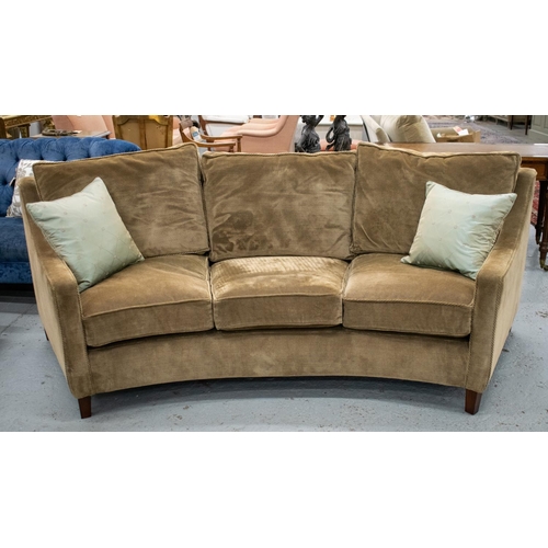 494 - CONCAVE SOFA, brown corduroy with two green scatter cushions, 93cm H x 248cm W x 93cm D.