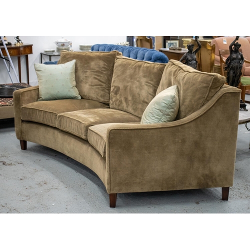 494 - CONCAVE SOFA, brown corduroy with two green scatter cushions, 93cm H x 248cm W x 93cm D.