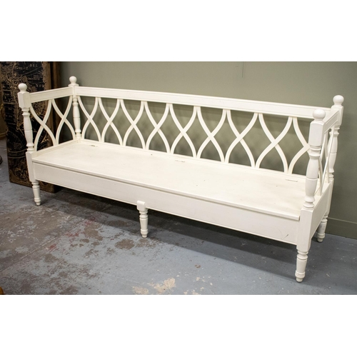 495 - BENCH, white painted with hinged seat, 98cm H x 220cm W x 58cm D.