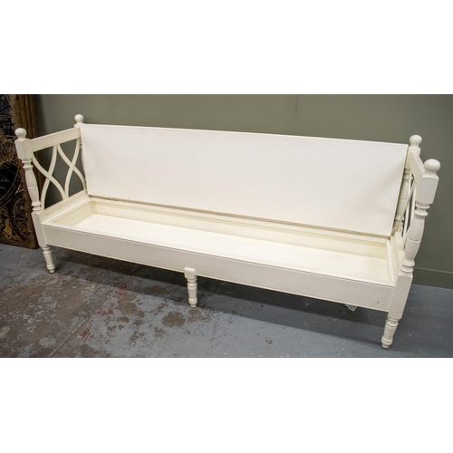 495 - BENCH, white painted with hinged seat, 98cm H x 220cm W x 58cm D.