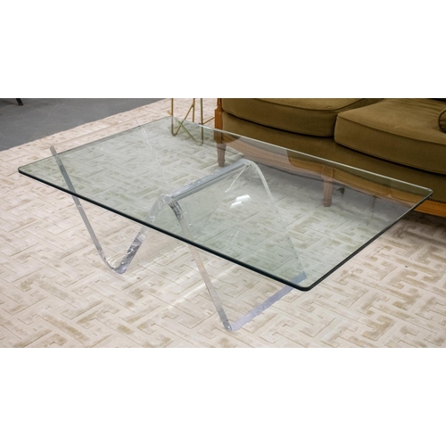 496 - LOW TABLE, rectangular glass top on perspex support, 42cm H x 120cm W x 76cm D.