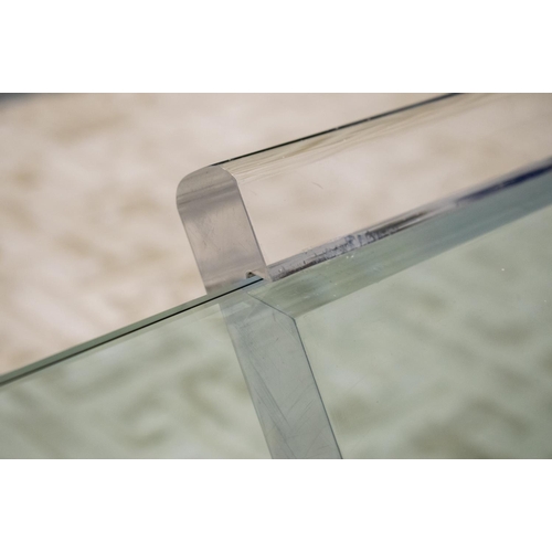 496 - LOW TABLE, rectangular glass top on perspex support, 42cm H x 120cm W x 76cm D.