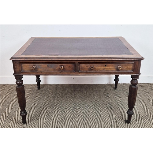 515 - LIBRARY TABLE, Victorian mahogany with burgundy leatherette writing surface over two frieze drawers ... 