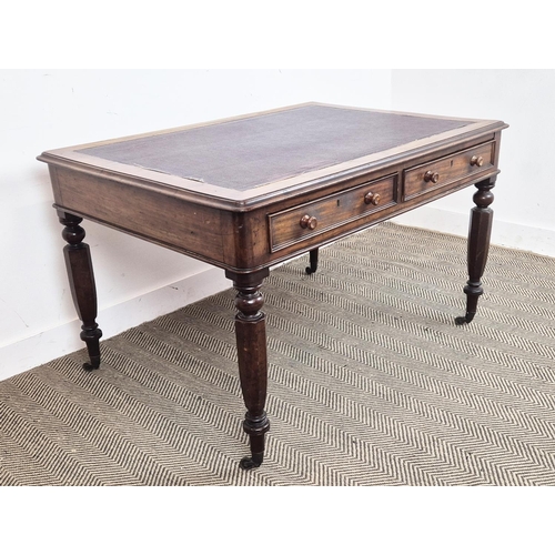 515 - LIBRARY TABLE, Victorian mahogany with burgundy leatherette writing surface over two frieze drawers ... 