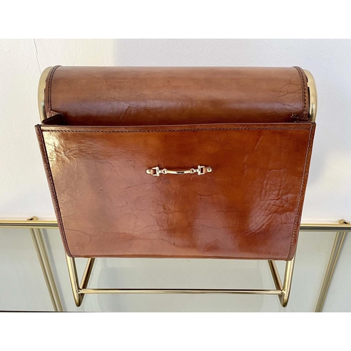 610 - MAGAZINE HOLDER, tan leather on gilt metal frame, 38cm H x 38cm W x 20cm D.