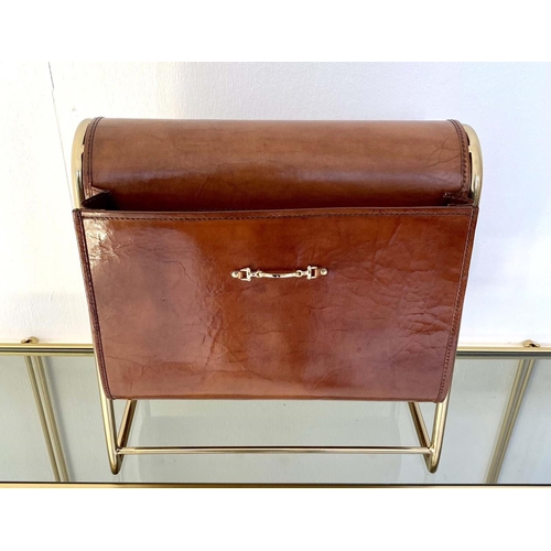 610 - MAGAZINE HOLDER, tan leather on gilt metal frame, 38cm H x 38cm W x 20cm D.