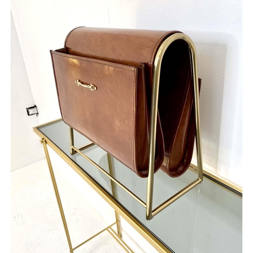 610 - MAGAZINE HOLDER, tan leather on gilt metal frame, 38cm H x 38cm W x 20cm D.