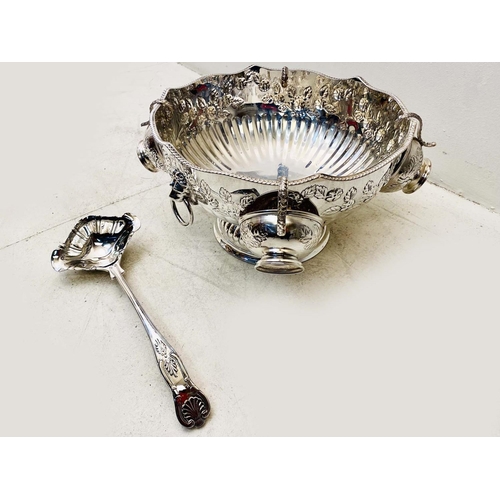 613 - PUNCH BOWL, Regency style polished metal, with four cups and ladle, 19cm H x 33cm W (5)