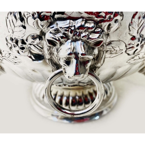 613 - PUNCH BOWL, Regency style polished metal, with four cups and ladle, 19cm H x 33cm W (5)