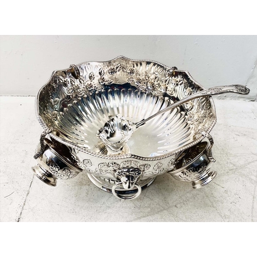 613 - PUNCH BOWL, Regency style polished metal, with four cups and ladle, 19cm H x 33cm W (5)