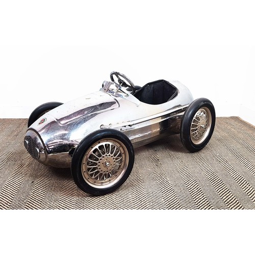 176 - CHILD'S PEDAL CAR, in a polished metal finish, 130cm L x 62cm W.