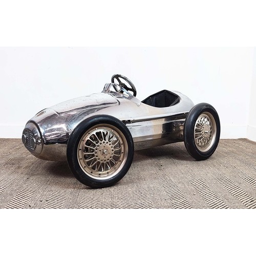 176 - CHILD'S PEDAL CAR, in a polished metal finish, 130cm L x 62cm W.