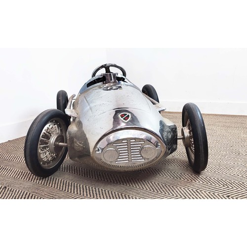 176 - CHILD'S PEDAL CAR, in a polished metal finish, 130cm L x 62cm W.