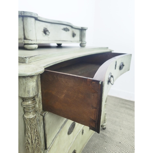 127 - CONCAVE CHEST, 19th century grey painted with four graduated drawers on castors, 85cm H x 94cm W 50c... 