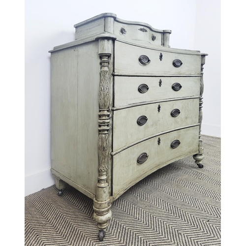 127 - CONCAVE CHEST, 19th century grey painted with four graduated drawers on castors, 85cm H x 94cm W 50c... 