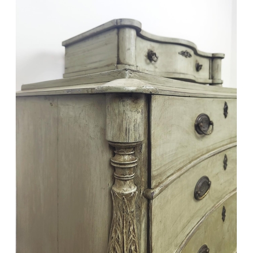 127 - CONCAVE CHEST, 19th century grey painted with four graduated drawers on castors, 85cm H x 94cm W 50c... 