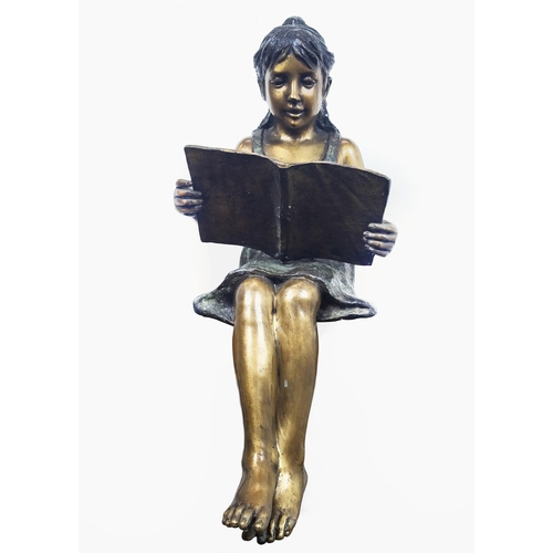 491 - CONTEMPORARY SCHOOL SCUPTURAL SEATED GIRL, cast metal, 83cm H approx.