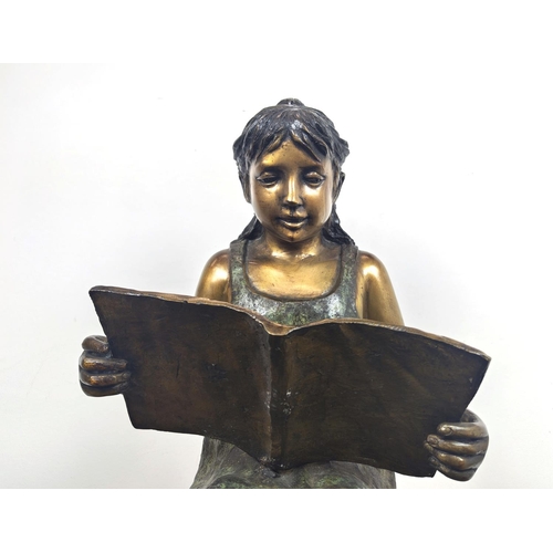 491 - CONTEMPORARY SCHOOL SCUPTURAL SEATED GIRL, cast metal, 83cm H approx.