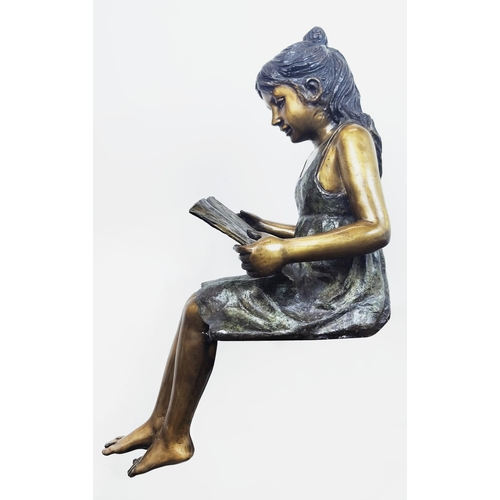 491 - CONTEMPORARY SCHOOL SCUPTURAL SEATED GIRL, cast metal, 83cm H approx.