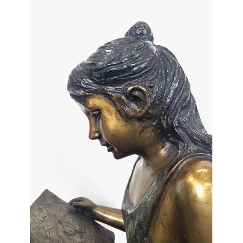 491 - CONTEMPORARY SCHOOL SCUPTURAL SEATED GIRL, cast metal, 83cm H approx.