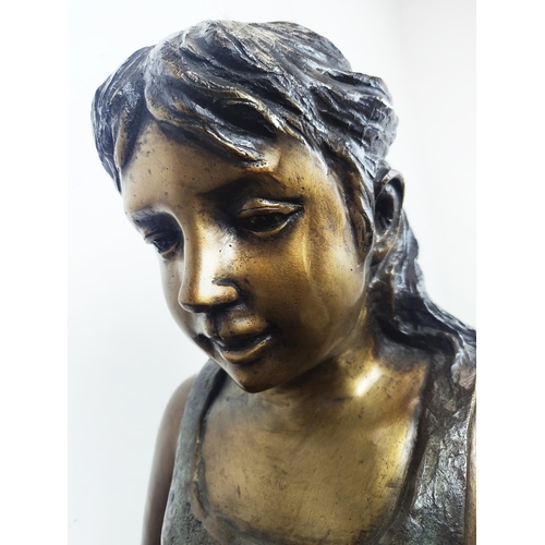 491 - CONTEMPORARY SCHOOL SCUPTURAL SEATED GIRL, cast metal, 83cm H approx.