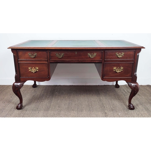 497 - SLIGH MICHIGAN DESK, Georgian style mahogany with green leather top above four drawers, 77cm H x 150... 