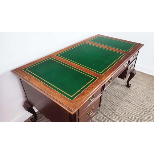 497 - SLIGH MICHIGAN DESK, Georgian style mahogany with green leather top above four drawers, 77cm H x 150... 