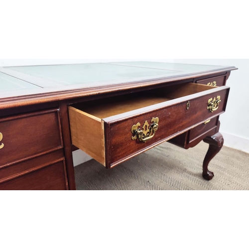 497 - SLIGH MICHIGAN DESK, Georgian style mahogany with green leather top above four drawers, 77cm H x 150... 