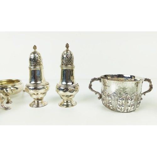 6 - A COLLECTION OF ASSORTED SILVERWARE, comprising a set of four George III salt cellarette, a pair of ... 