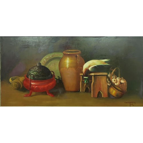 68 - CALMARS (Spanish 20th century), 'Still Life with a jug', oil on canvas, 72cm x 147cm.