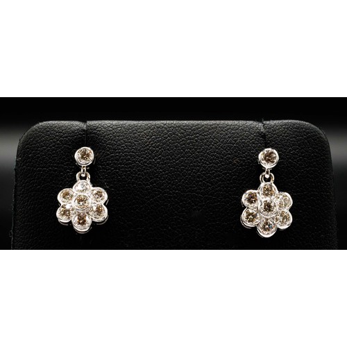 14 - PAIR OF 18CT WHITE GOLD DIAMOND DAISY DROP EARRINGS, boxed, RBC diamonds 1.32ct (bezel-set).