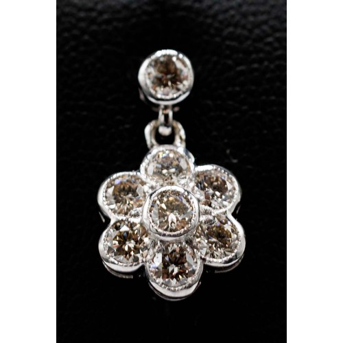 14 - PAIR OF 18CT WHITE GOLD DIAMOND DAISY DROP EARRINGS, boxed, RBC diamonds 1.32ct (bezel-set).