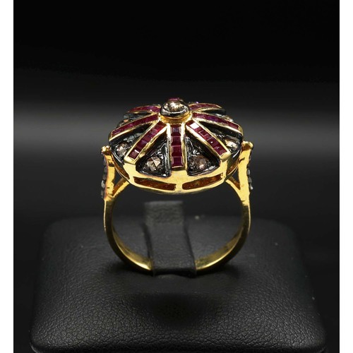 20 - SILVER GILT TARGET STYLE RING SET, with yellow and white rose-cut diamonds and step-cut rubies, diam... 