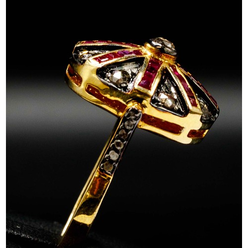 20 - SILVER GILT TARGET STYLE RING SET, with yellow and white rose-cut diamonds and step-cut rubies, diam... 