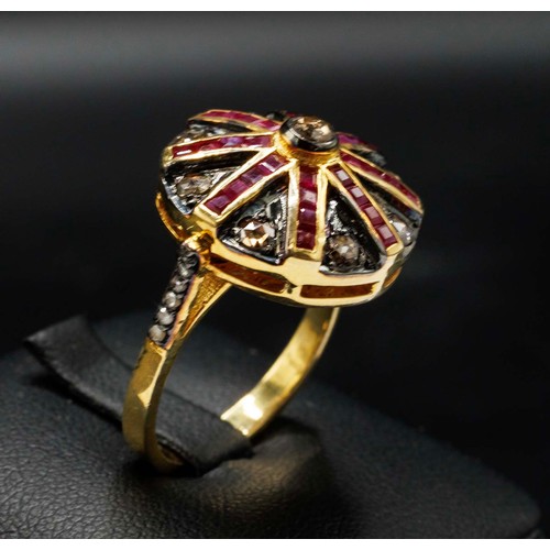 20 - SILVER GILT TARGET STYLE RING SET, with yellow and white rose-cut diamonds and step-cut rubies, diam... 