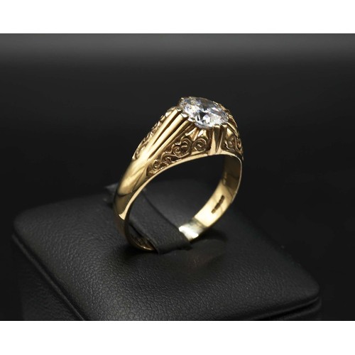 30 - 9CT YELLOW GOLD RING GENT'S STYLE SET, with a large round cubic zirconia, with patterned shoulders.