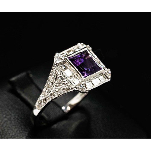 31 - 18CT WHITE GOLD ART DECO STYLE RING SET, with a square princess cut amethyst surrounded by baguette ... 