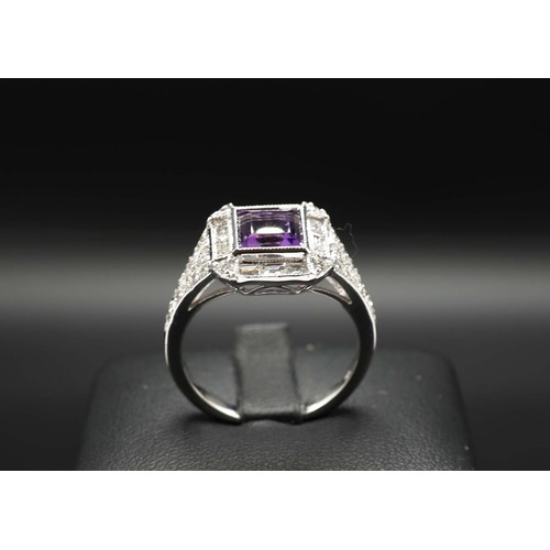 31 - 18CT WHITE GOLD ART DECO STYLE RING SET, with a square princess cut amethyst surrounded by baguette ... 