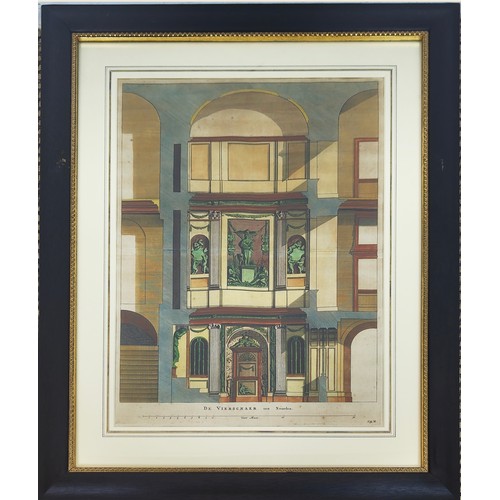 67 - 19TH CENTURY ARCHITECTURAL COLOURED ENGRAVINGS, a set of four, each 74cm x 57cm, framed.