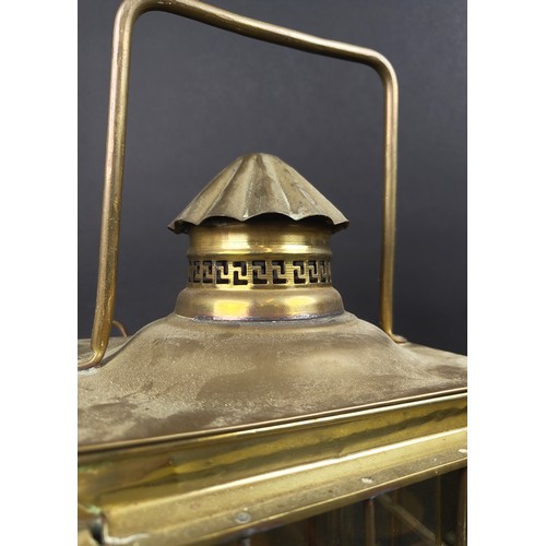 197 - LANTERNS, a pair, brass and glass with carrying handles, each 25cm W x 18cm D x 42cm tall overall. (... 