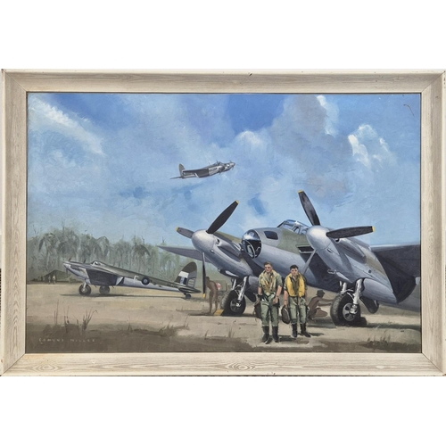 82 - EDMOND MILLER (b.1929), 'RAF Mosquitos, Burma', oil on canvas, 60cm x 90cm, signed, inscribed verso,... 