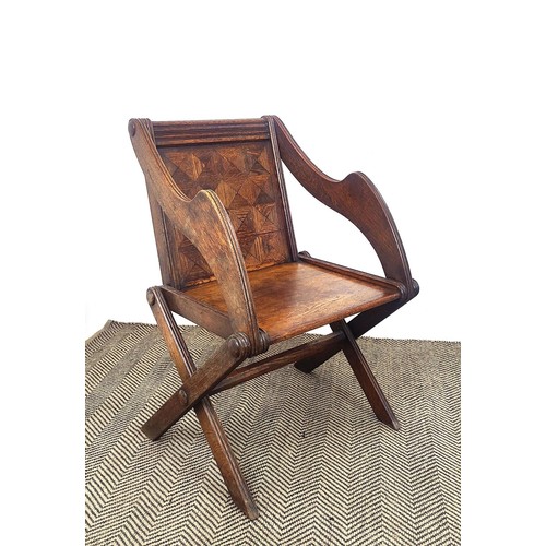 608 - GLASTONBURY CHAIR, late Victorian oak, with inlaid parquetry back, 59cm x 87cm H.