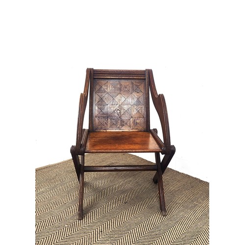 608 - GLASTONBURY CHAIR, late Victorian oak, with inlaid parquetry back, 59cm x 87cm H.