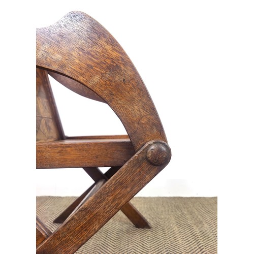 608 - GLASTONBURY CHAIR, late Victorian oak, with inlaid parquetry back, 59cm x 87cm H.