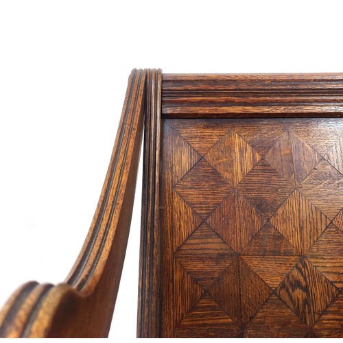 608 - GLASTONBURY CHAIR, late Victorian oak, with inlaid parquetry back, 59cm x 87cm H.