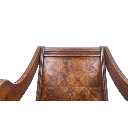 608 - GLASTONBURY CHAIR, late Victorian oak, with inlaid parquetry back, 59cm x 87cm H.