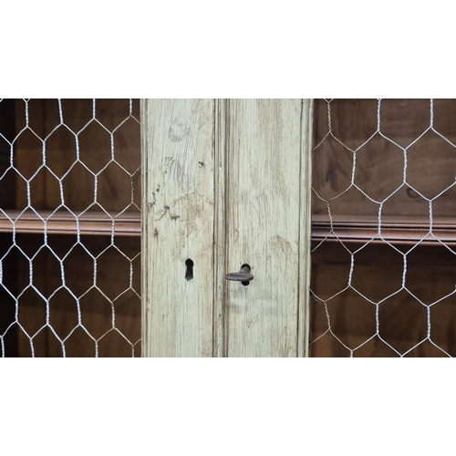 128 - BOOKCASE, 19th century grey painted with four chicken wire doors, the top with adjustable shelves on... 