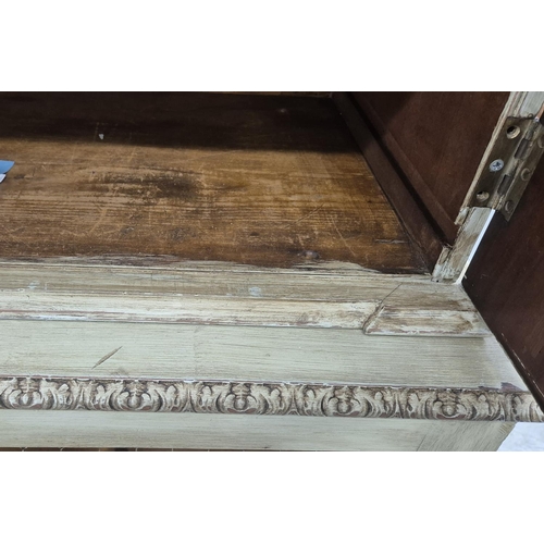 128 - BOOKCASE, 19th century grey painted with four chicken wire doors, the top with adjustable shelves on... 