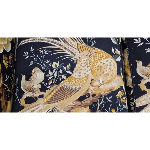 150 - SOFA, in a black and gold bird fabric, approx 190cm W x 88cm H.